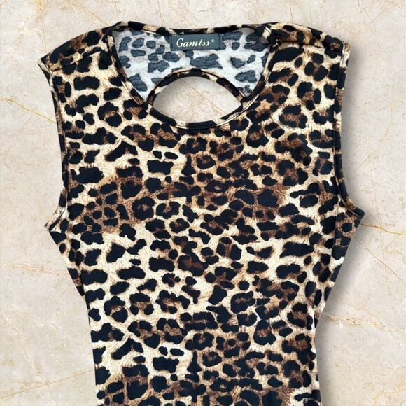 Leopard Print Stretch Bodycon Cotton Dress XS/S Knee-Length Party Chic - Picture 2 of 7